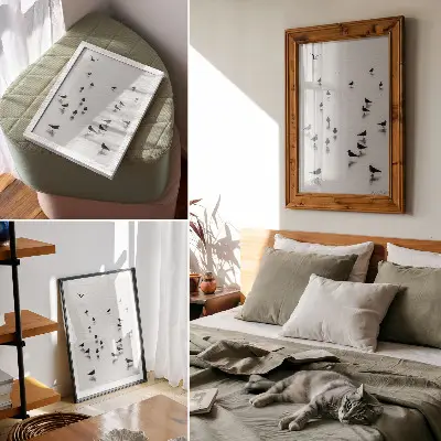 Poster birds over water featuring minimalist subtle reflections