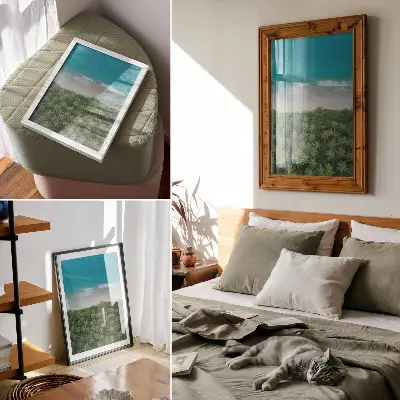 Premium wall art featuring a peaceful beach scene with turquoise waves and palm trees