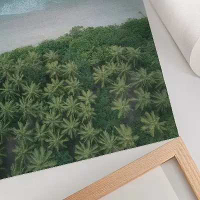 Premium wall art featuring a peaceful beach scene with turquoise waves and palm trees