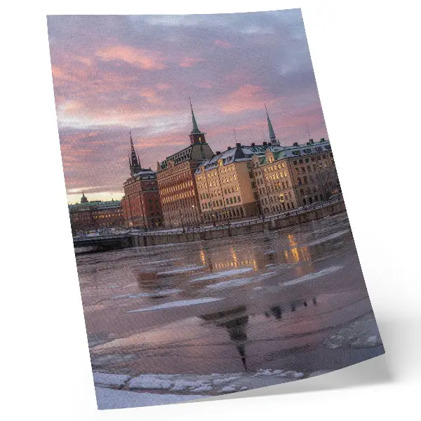 Art print city panorama with sunset ice fragments