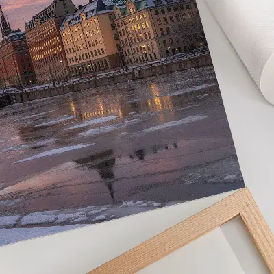 Art print city panorama with sunset ice fragments