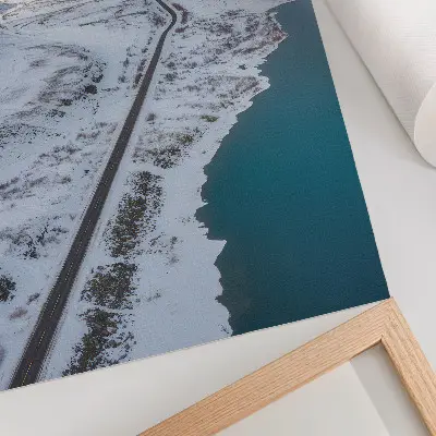Art print minimalist snowy landscape with blue water
