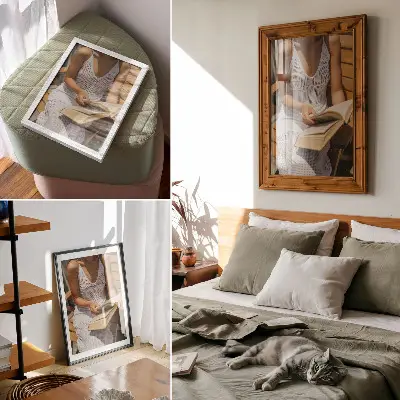Premium wall art woman with a book on a wooden bench in the sunlight