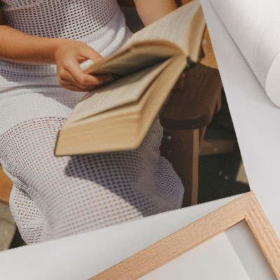 Premium wall art Woman with a book, wooden bench, sun