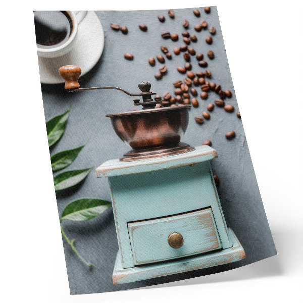 Decorative poster Old turquoise coffee grinder, coffee beans, green leaves