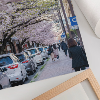 Art print A street with cherry blossoms and parked cars