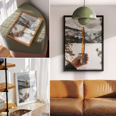 Art print featuring a mountain landscape with amber snow and a mug