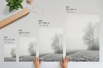 Decorative poster featuring a peaceful winter landscape with subtle fog and trees