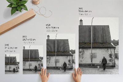 Art print A person with a dog in front of an old building