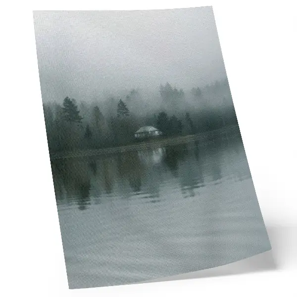 Poster quiet landscape with fog, trees, and a house reflection