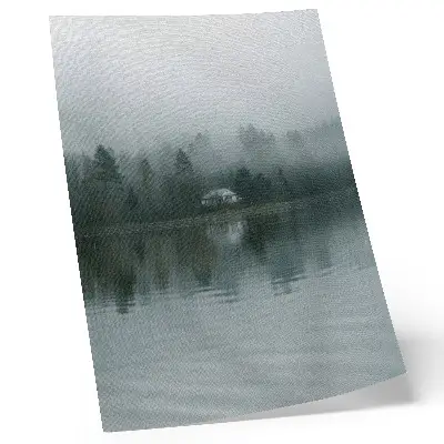 Poster quiet landscape with fog, trees, and a house reflection