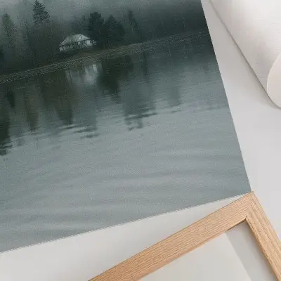 Poster quiet landscape with fog, trees, and a house reflection