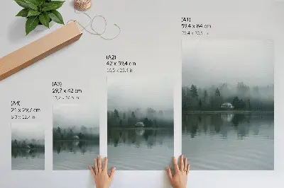 Poster quiet landscape with fog, trees, and a house reflection