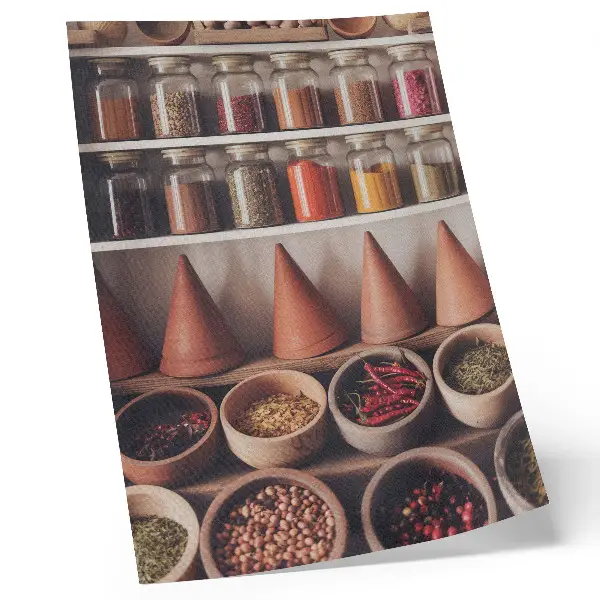 Premium wall art spices in jars with wood and ceramic accents in warm colors