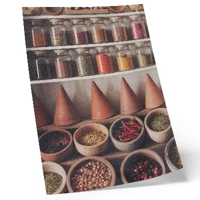 Premium wall art spices in jars with wood and ceramic accents in warm colors