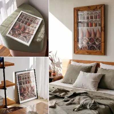 Premium wall art spices in jars with wood and ceramic accents in warm colors