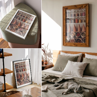 Premium wall art Spices in jars, wood, ceramic, warm colors