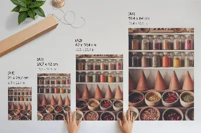 Premium wall art spices in jars with wood and ceramic accents in warm colors
