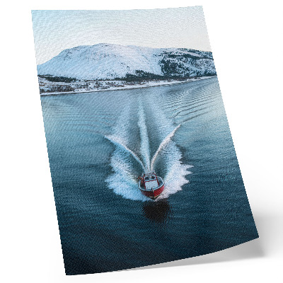 Poster Snow-capped mountains lake motorboat dynamics