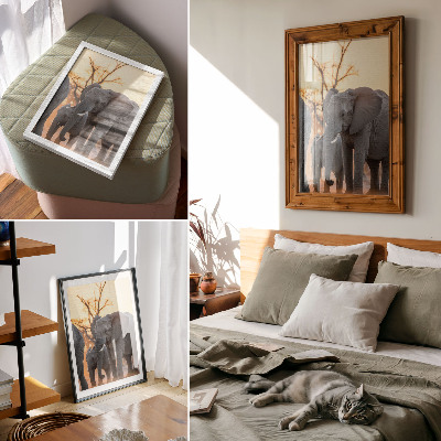 Art print Elephants in the sunset with trees in the background
