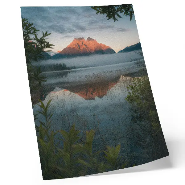 Mountain landscape wall art reflected in foggy water