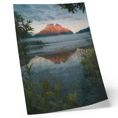 Mountain landscape wall art reflected in foggy water