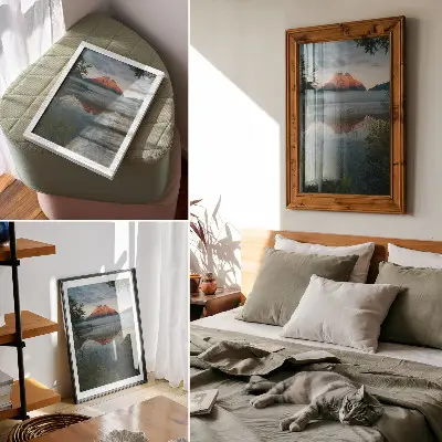 Mountain landscape wall art reflected in foggy water