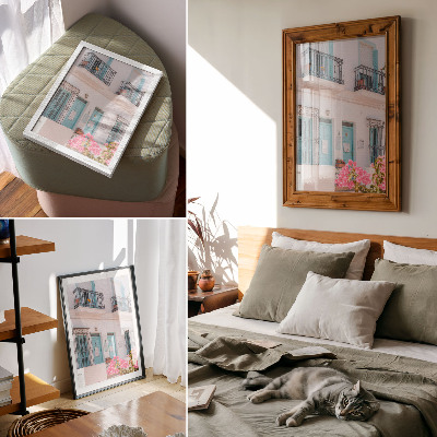 Art print Pastel blue colors, balcony details, flowers