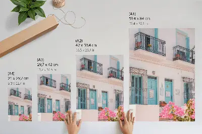 Art print pastel blue balcony composition with flowers