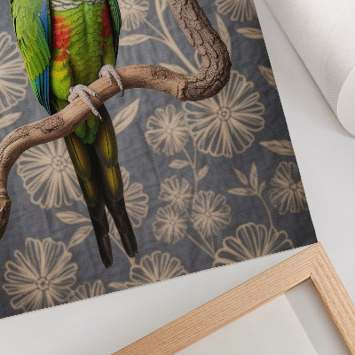 Premium wall art Parrot on a branch with cream flowers and blue background