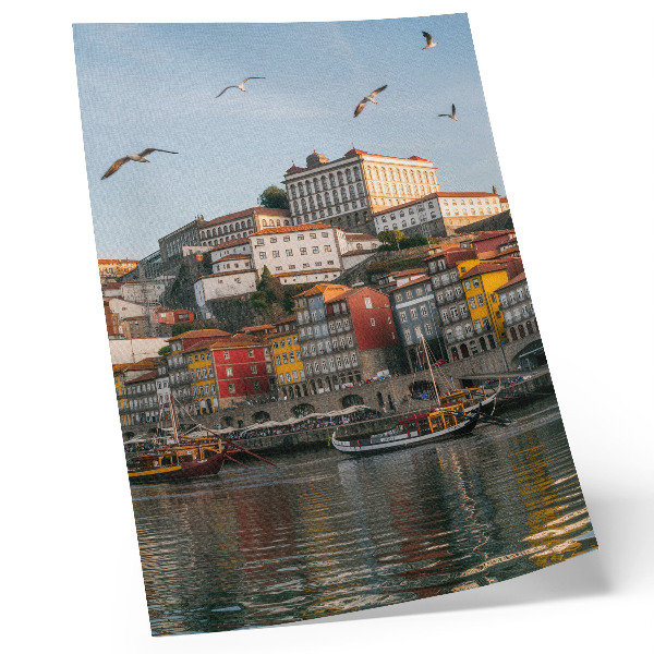 Poster Colorful tenement houses, elegant ships, seagulls
