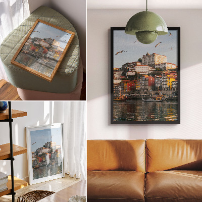 Poster Colorful tenement houses, elegant ships, seagulls