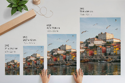 Poster Colorful tenement houses, elegant ships, seagulls
