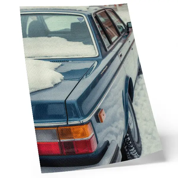 Art print retro car in snow on a blue and white background