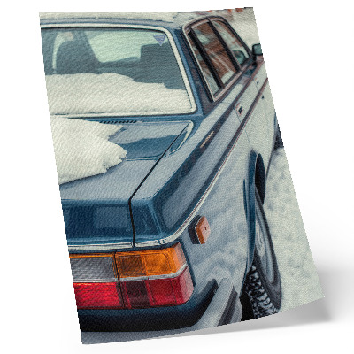 Art print Retro car in snow blue white background
