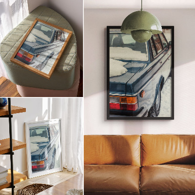 Art print Retro car in snow blue white background