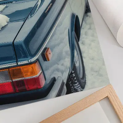Art print retro car in snow on a blue and white background