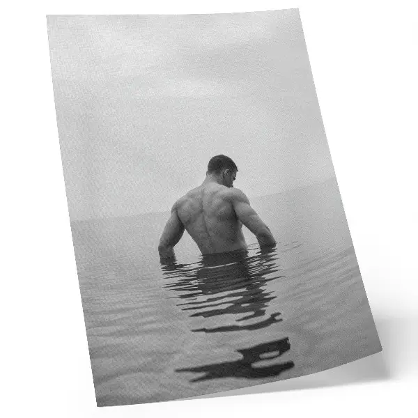Art print man upside down in calm water against a gray background
