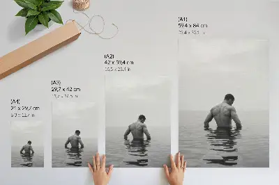 Art print man upside down in calm water against a gray background