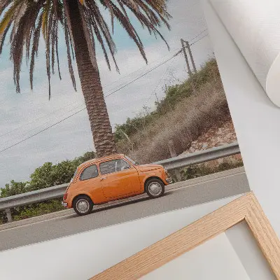 Decorative poster featuring a retro car with palm trees in a nature landscape