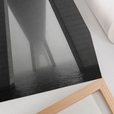 Poster Bridge construction in dense fog near the water