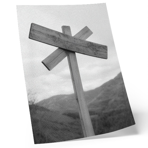 Premium wall art Wooden sign with a mountain landscape in the background in black and white