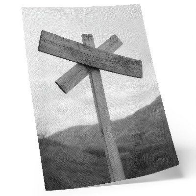 Premium wall art Wooden sign with a mountain landscape in the background in black and white
