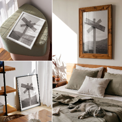 Premium wall art Wooden sign with a mountain landscape in the background in black and white