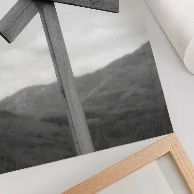 Premium wall art wooden sign with a mountain landscape in black and white