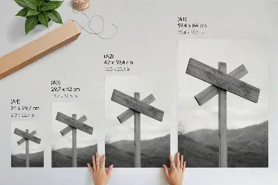 Premium wall art wooden sign with a mountain landscape in black and white