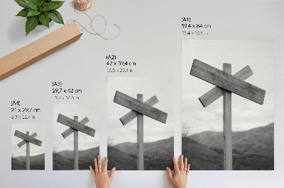 Premium wall art Wooden sign with a mountain landscape in the background in black and white