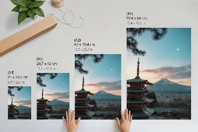 Decorative poster pagoda with mountain and sky horizon