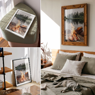 Decorative poster Bonfire lake forest stones recreation nature