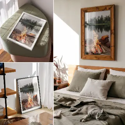 Decorative poster featuring a bonfire by a serene forest lake with stones